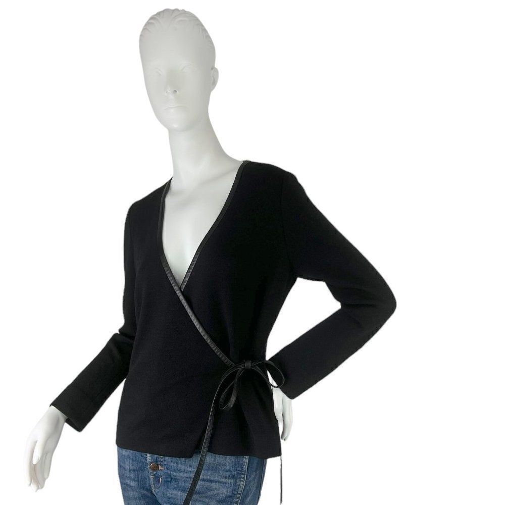 Douglas Hannant Black Merino Wool Crepe Wrap Around Tie Top Leather Trim Size 4